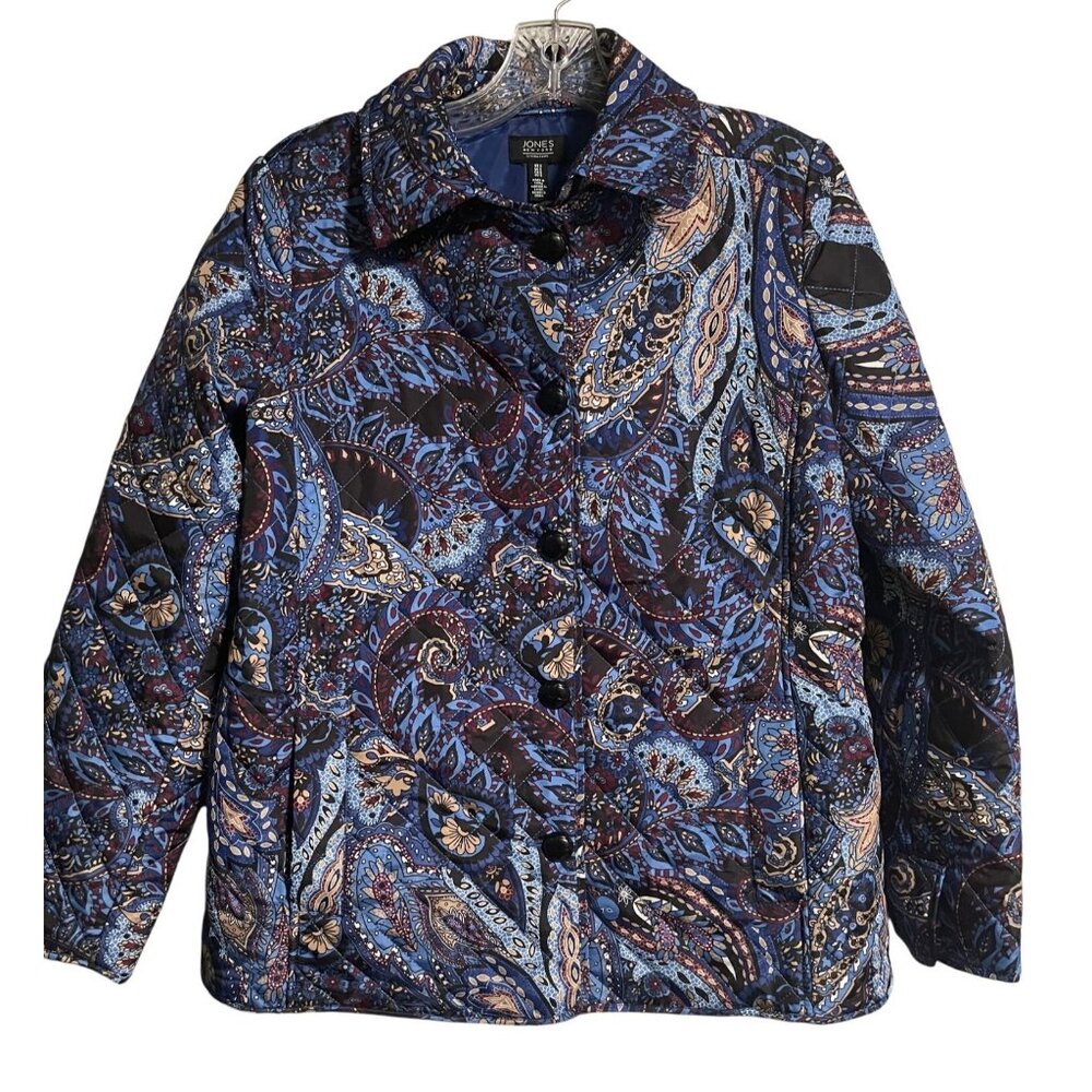 Jones New York Signature Womens Quilted Jacket Size Small Blue Paisley Button Up